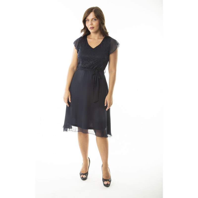 Şans Women's Plus Size Navy Blue Top With Lace Chiffon Fabric Lined Dress