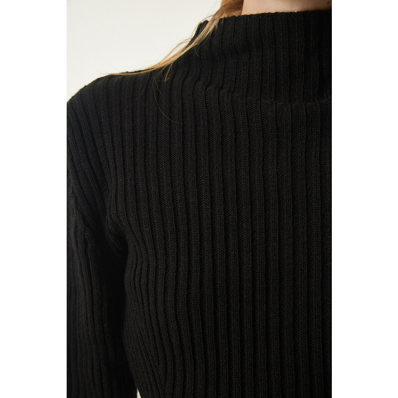 Happiness İstanbul Black Ribbed A-Line Knitwear Dress