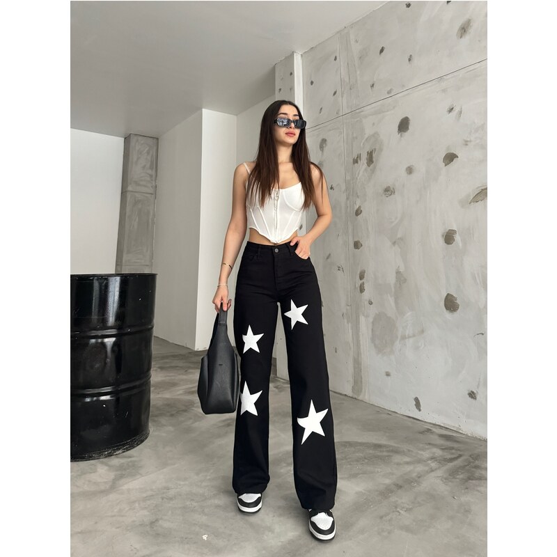 BİKELİFE Flocked Star Star Printed Wide Leg Straight fit Wide Leg Jean