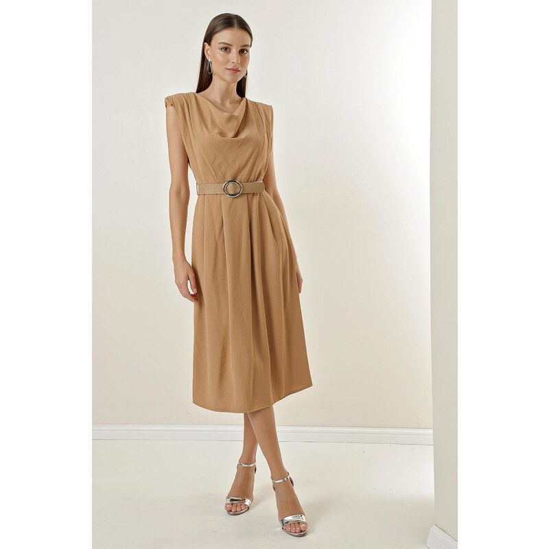 By Saygı With a Plunging Collar Waist Belt, Pleated Front Arobin Dress