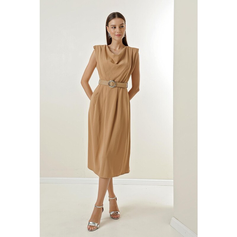 By Saygı With a Plunging Collar Waist Belt, Pleated Front Arobin Dress