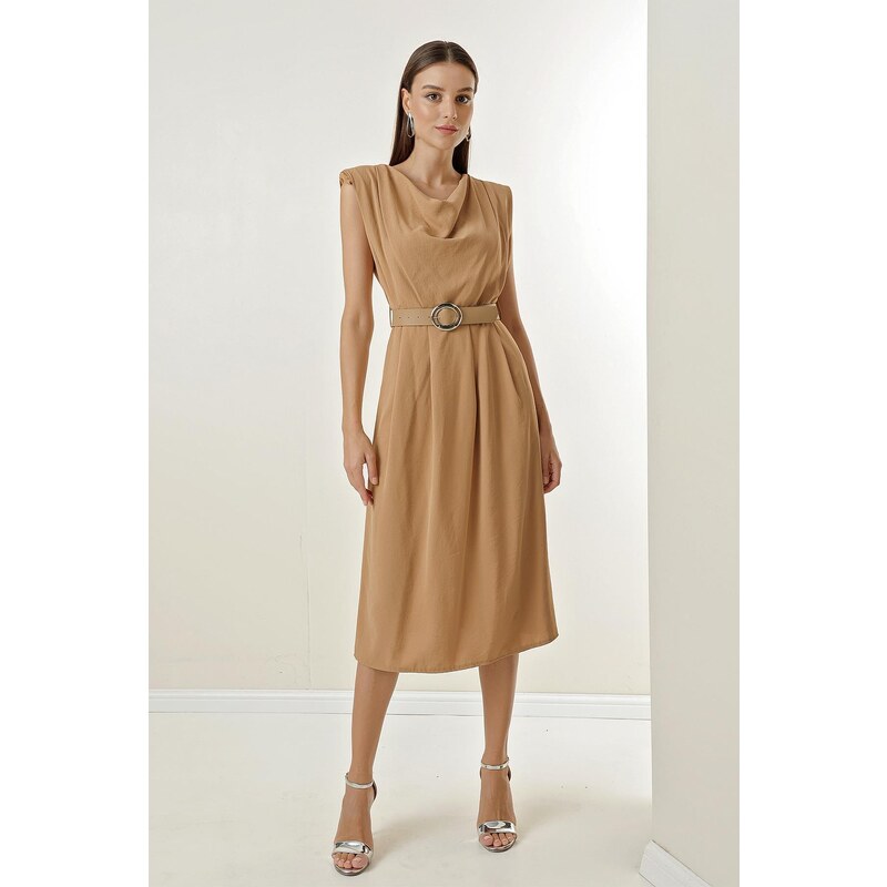 By Saygı With a Plunging Collar Waist Belt, Pleated Front Arobin Dress