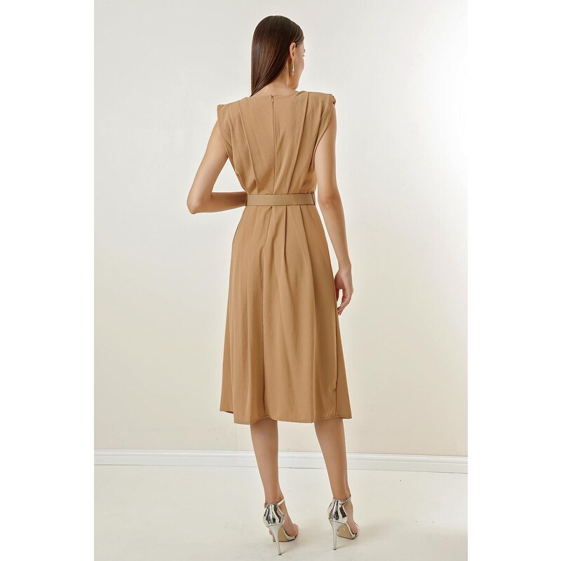 By Saygı With a Plunging Collar Waist Belt, Pleated Front Arobin Dress