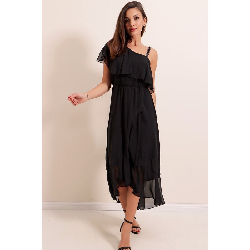 By Saygı One Shoulder Stone Lined Crepe Chiffon Dress Black