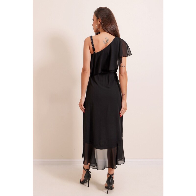 By Saygı One Shoulder Stone Lined Crepe Chiffon Dress Black