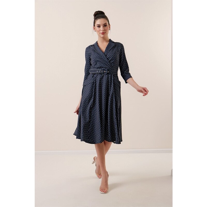 By Saygı Navy Blue Crepe Satin Dress With Double Breasted Collar Waist Belted Lined, Pocket Spotted.
