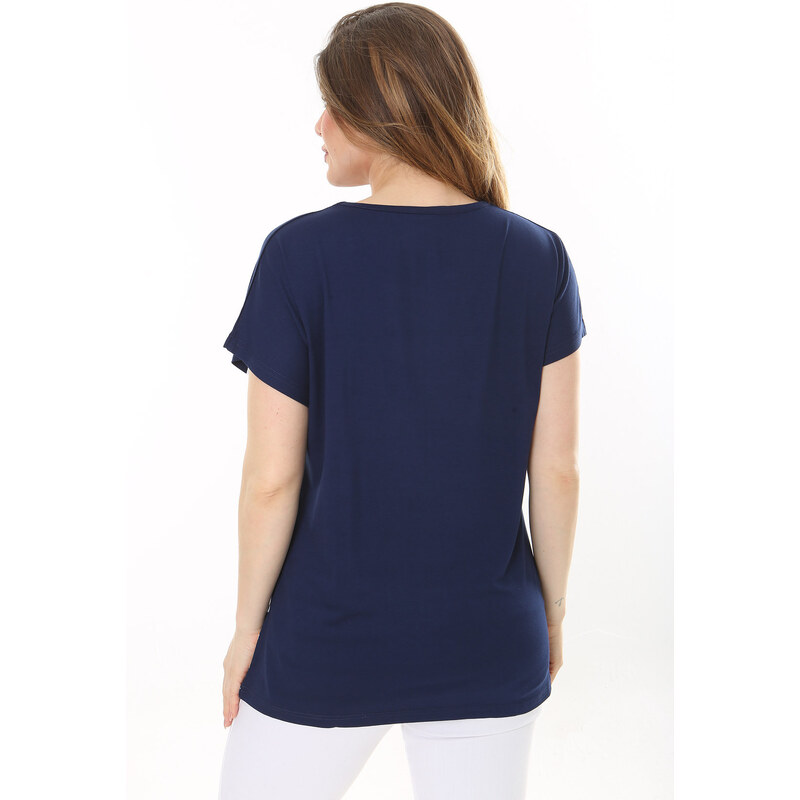 Şans Women's Plus Size Navy Blue Crew Neck Front Patterned Short Sleeve Blouse