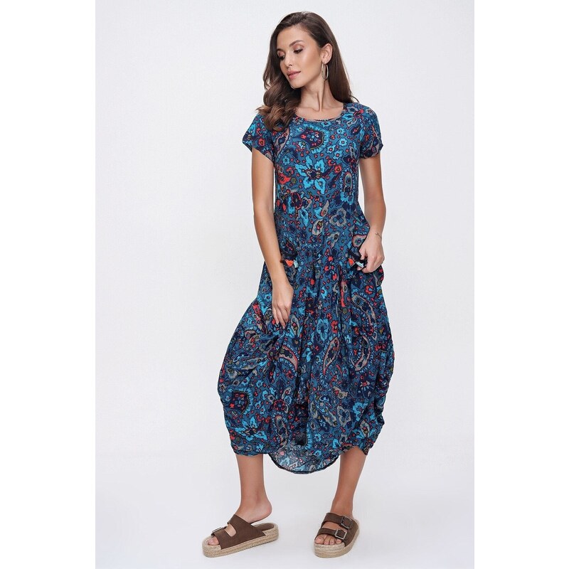 By Saygı Floral Pattern Tasseled Double Pocket Asymmetric Dress Blue