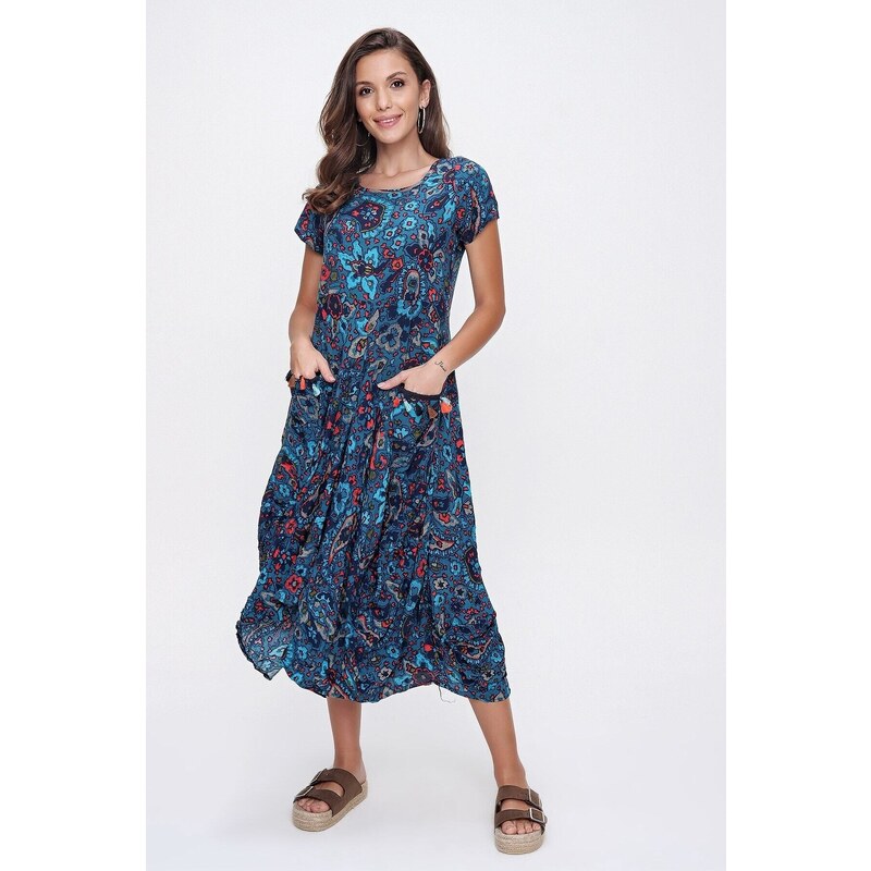 By Saygı Floral Pattern Tasseled Double Pocket Asymmetric Dress Blue