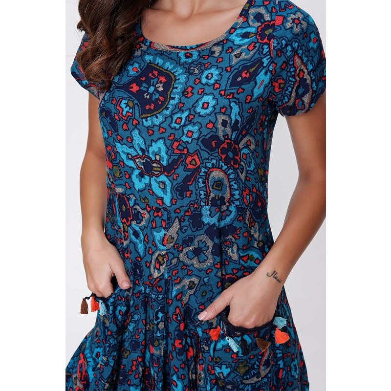 By Saygı Floral Pattern Tasseled Double Pocket Asymmetric Dress Blue