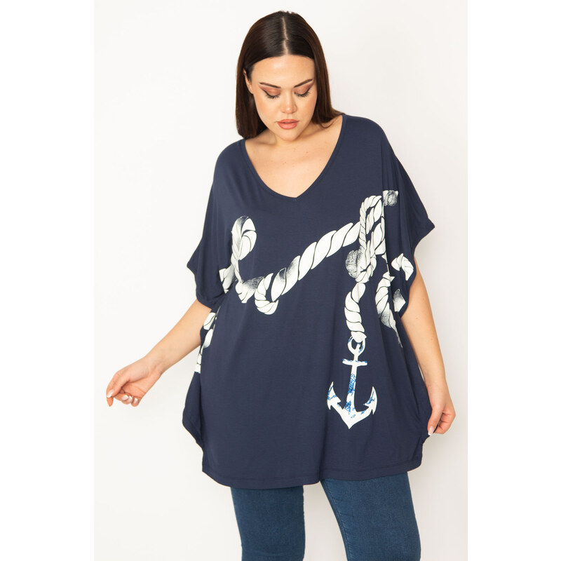 Şans Women's Plus Size Navy Blue Front Printed Low Sleeve Tunic