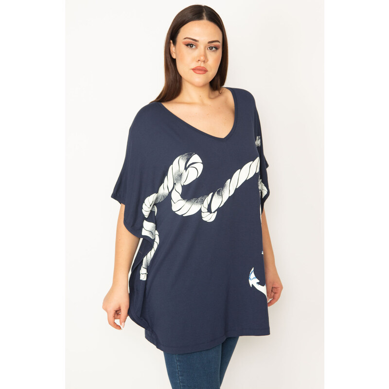 Şans Women's Plus Size Navy Blue Front Printed Low Sleeve Tunic