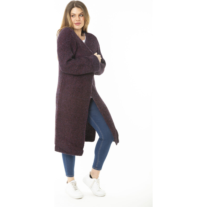 Şans Women's Plus Size Purple Long Sweater Long Cardigan with a Slit