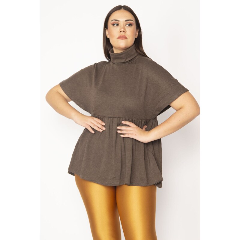 Şans Women's Plus Size Brown Turtleneck Waist Gathered Low Sleeve Knitwear Blouse