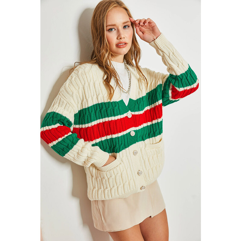 Bianco Lucci Women's Striped Buttons Knitwear Cardigan