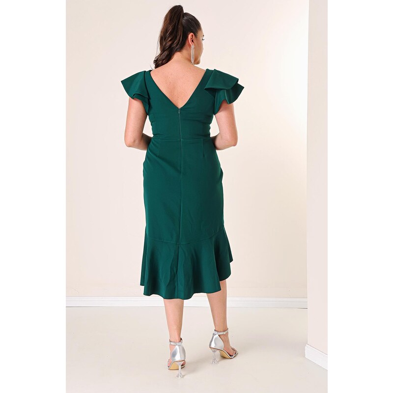 By Saygı Midi Length Lined Plus Size Dress with Double Flounce Sleeves