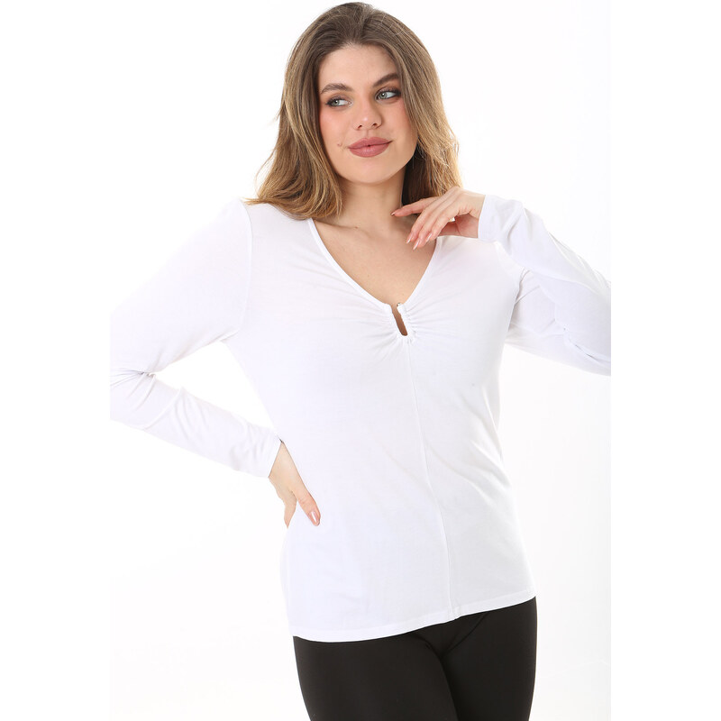 Şans Women's Plus Size White Chest Gathered Detail Long Sleeve Blouse