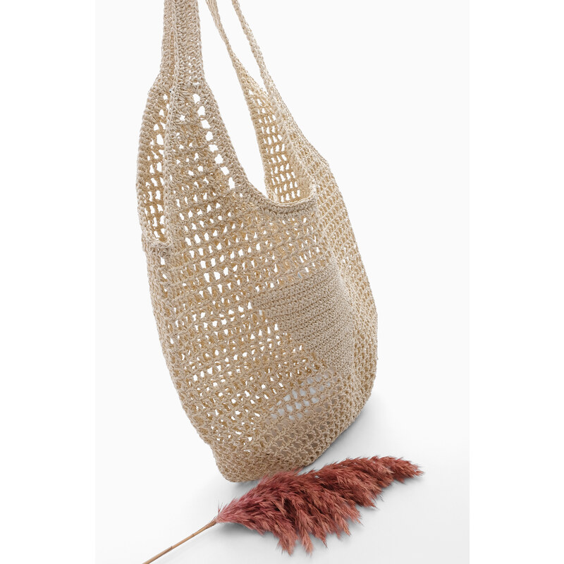 Marjin Women's Handmade Knitted Shoulder Bag Tayes Beige Straw