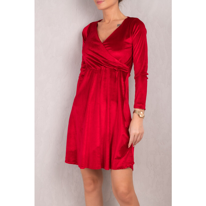 armonika Women's Red Double Breasted Neck Long Sleeve Velvet Flared Dress