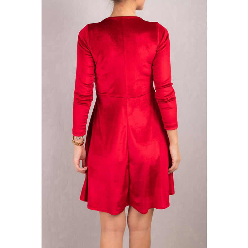 armonika Women's Red Double Breasted Neck Long Sleeve Velvet Flared Dress