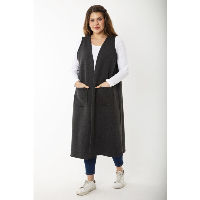 Şans Women's Plus Size Smoked Cachet Fabric Long Sleeveless Cap with Pocket