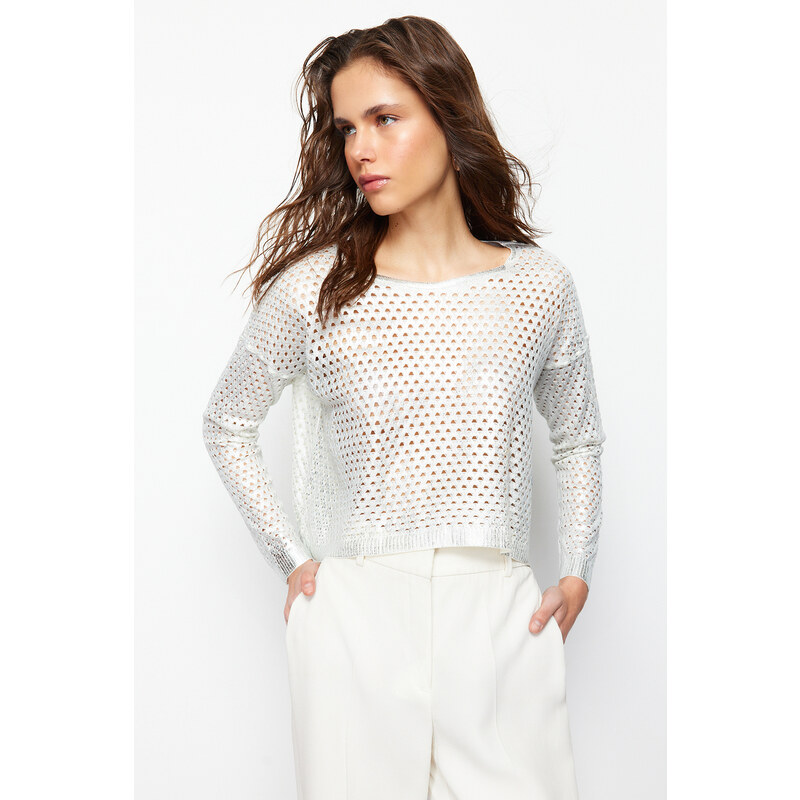 Trendyol Ecru Foil Printed Openwork/Hole Knitwear Sweater