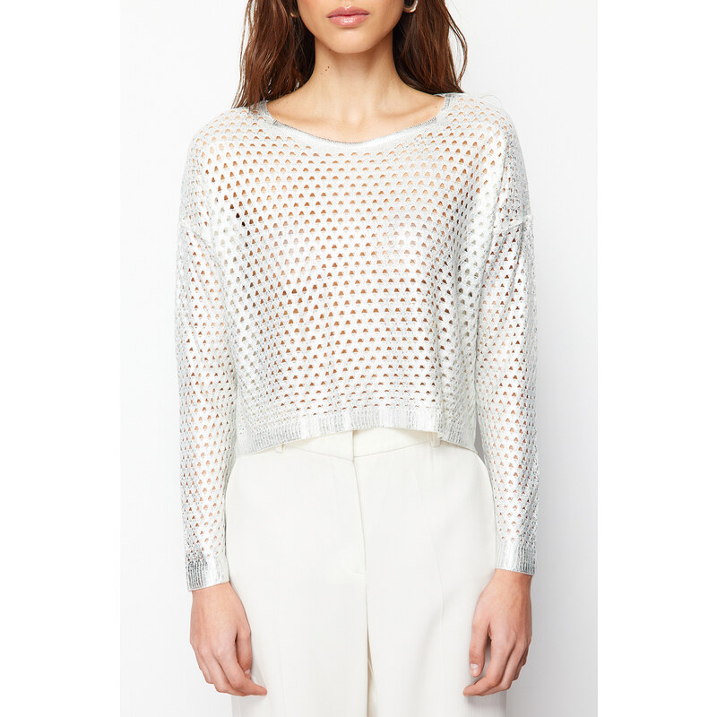 Trendyol Ecru Foil Printed Openwork/Hole Knitwear Sweater