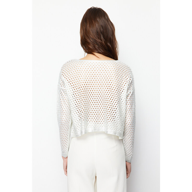 Trendyol Ecru Foil Printed Openwork/Hole Knitwear Sweater