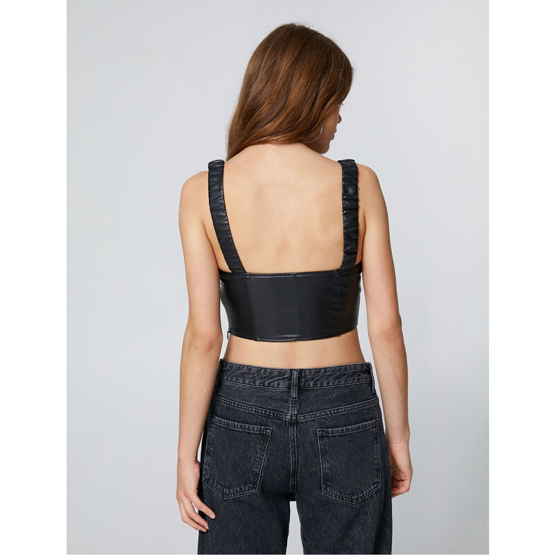 Koton Leather Look Top Crop Square Neck