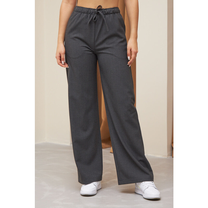 Laluvia Gray Elastic Waist Polyviscon Wide Leg Trousers