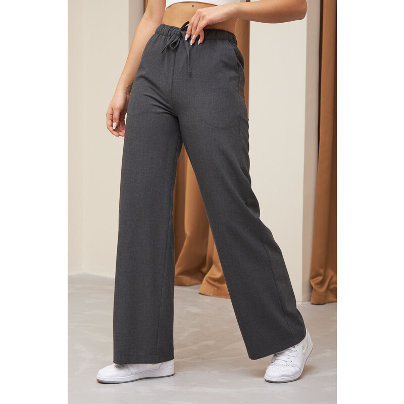 Laluvia Gray Elastic Waist Polyviscon Wide Leg Trousers