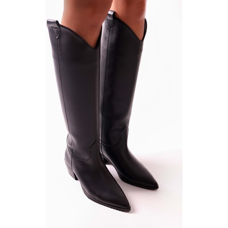 Shoeberry Women's Meot Black Leather Heels Western Rider Boots Black Leather.