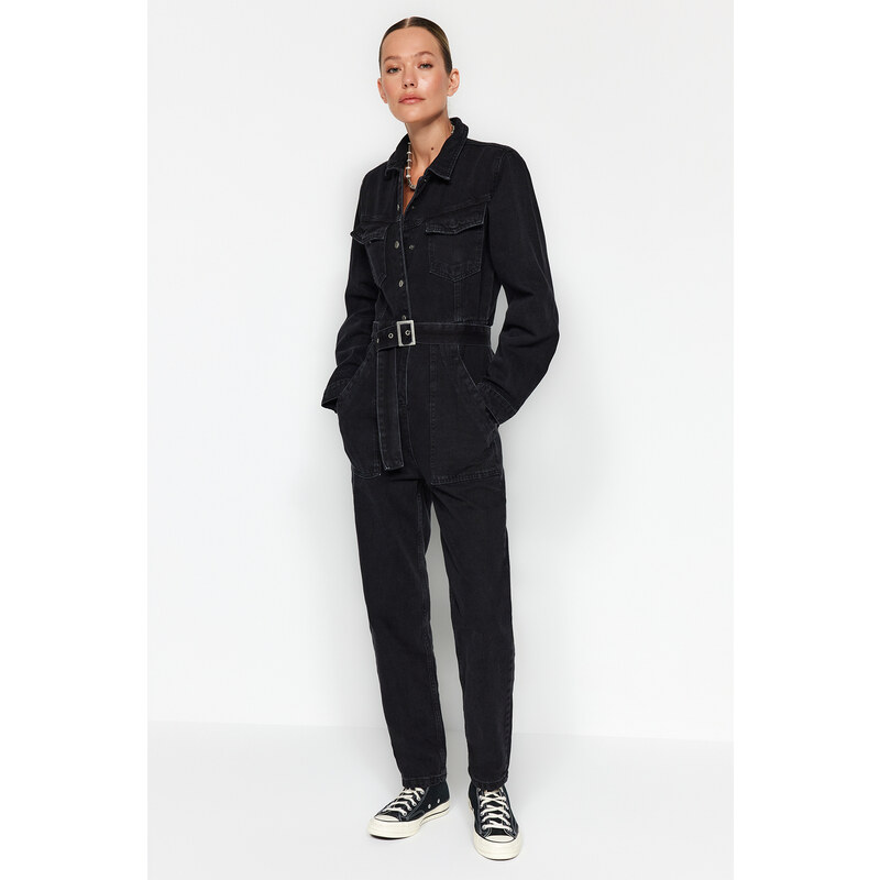 Trendyol Black Belt Denim Jumpsuit