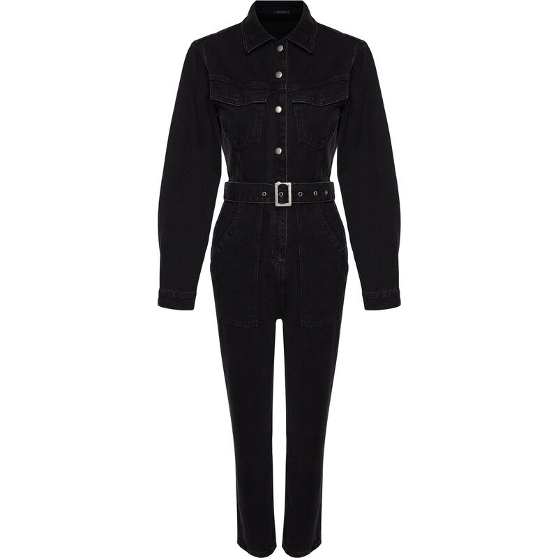 Trendyol Black Belt Denim Jumpsuit