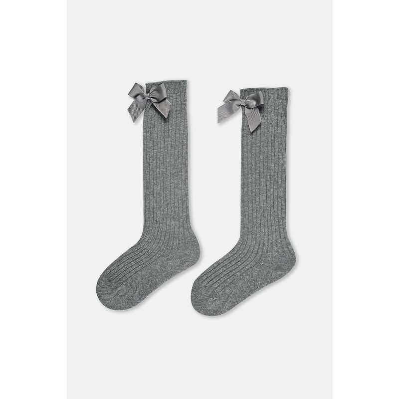 Dagi Gray Melange Girls' Ribbon Detailed Knee Socks