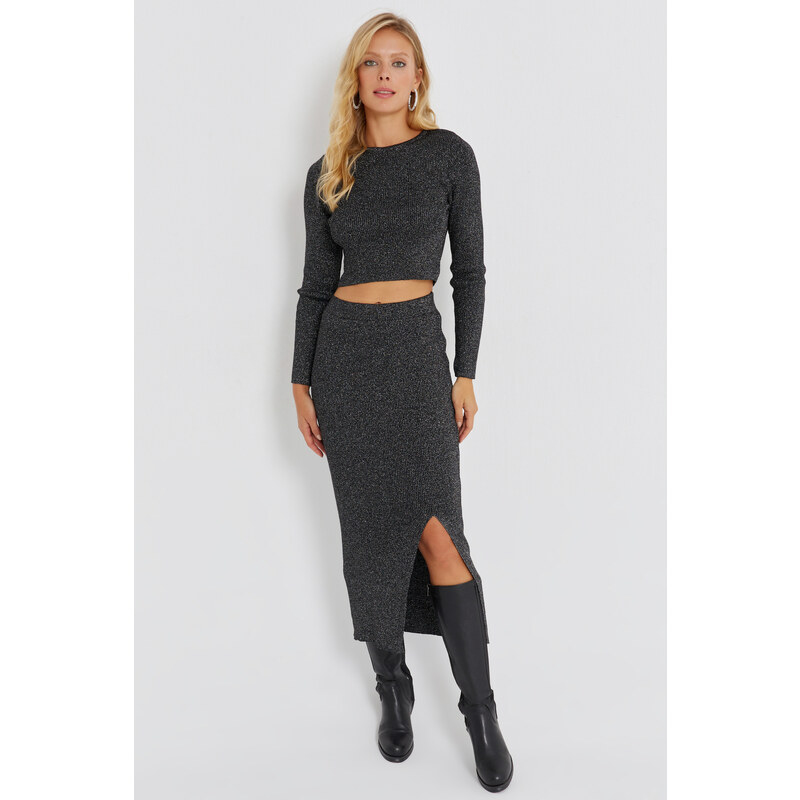 Cool & Sexy Women's Black Silvery Knitwear Skirt Suit