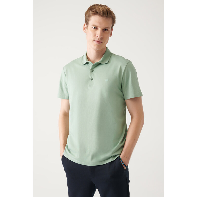 Avva Men's Water Green 100% Cotton Standard Fit Normal Cut 3 Buttons Anti-roll Polo T-shirt