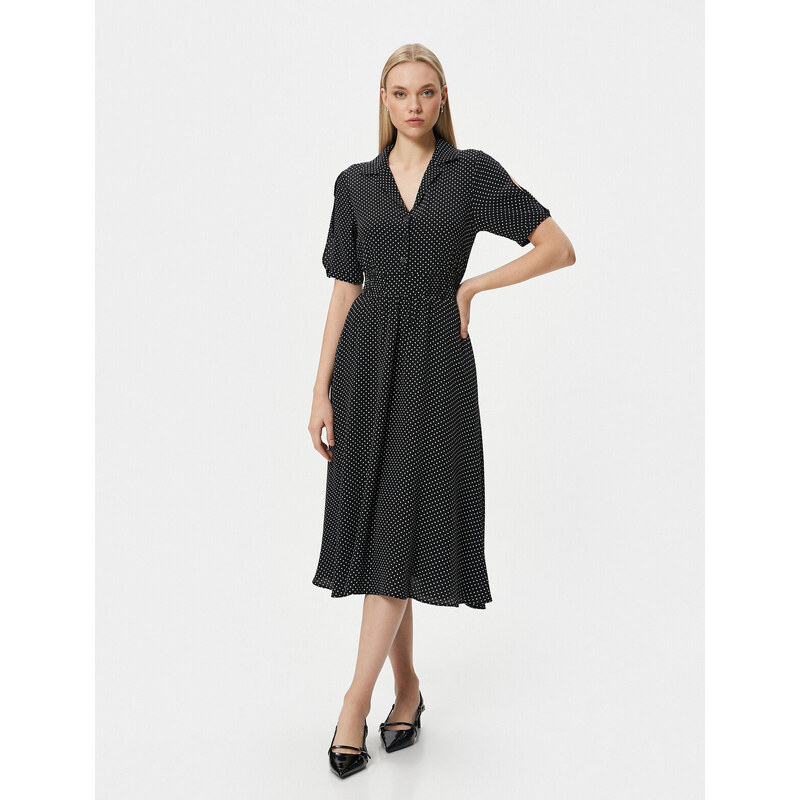 Koton Polka Dot Buttoned Balloon Sleeve Midi Shirt Dress