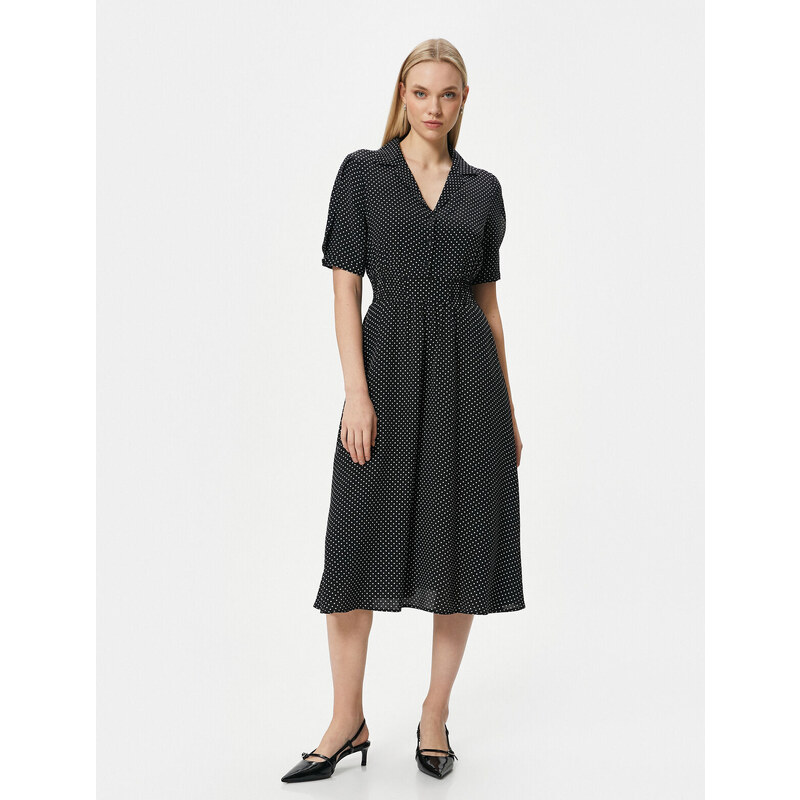 Koton Polka Dot Buttoned Balloon Sleeve Midi Shirt Dress