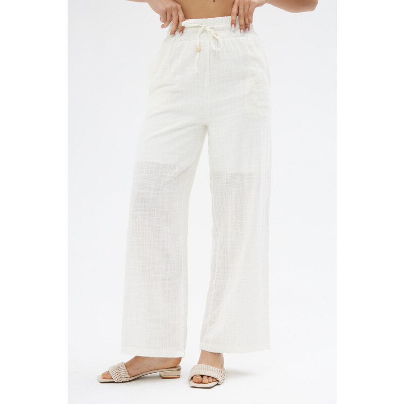 Laluvia White Elastic Waist Linen Trousers