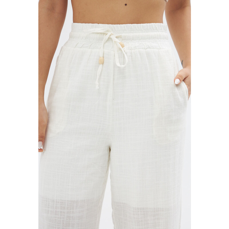 Laluvia White Elastic Waist Linen Trousers