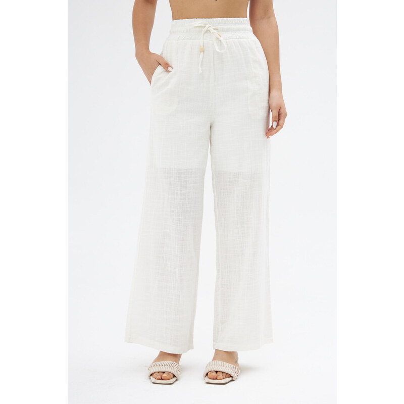 Laluvia White Elastic Waist Linen Trousers