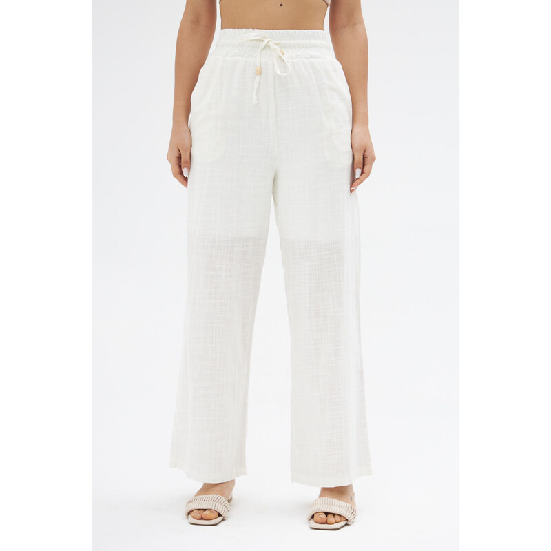 Laluvia White Elastic Waist Linen Trousers