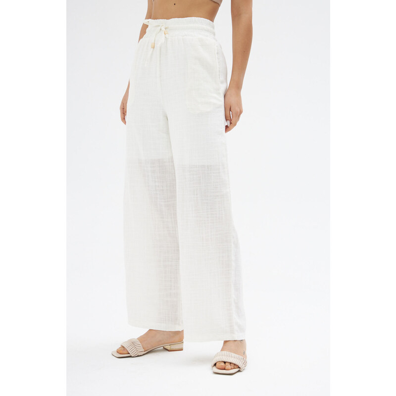 Laluvia White Elastic Waist Linen Trousers