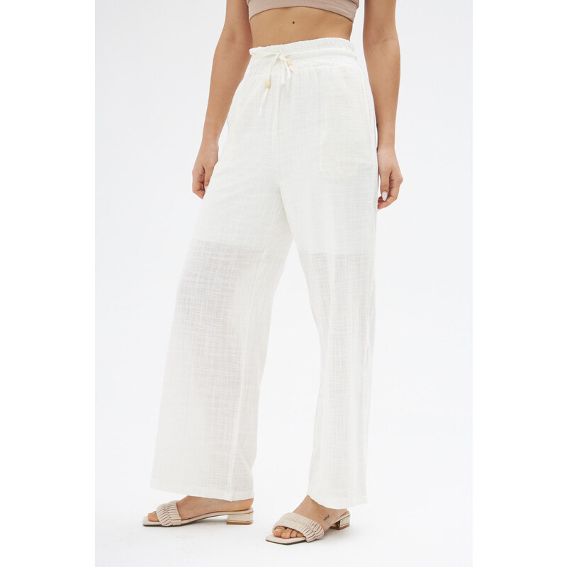 Laluvia White Elastic Waist Linen Trousers