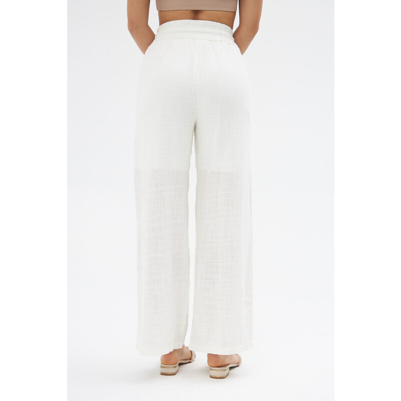 Laluvia White Elastic Waist Linen Trousers