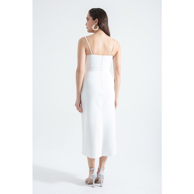 Lafaba Women's White Underwire Corset Pearls Midi Evening Dress
