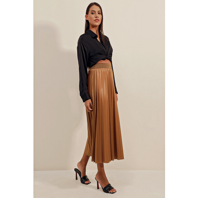 Bigdart 1894 Leather Look Pleated Skirt - Tan