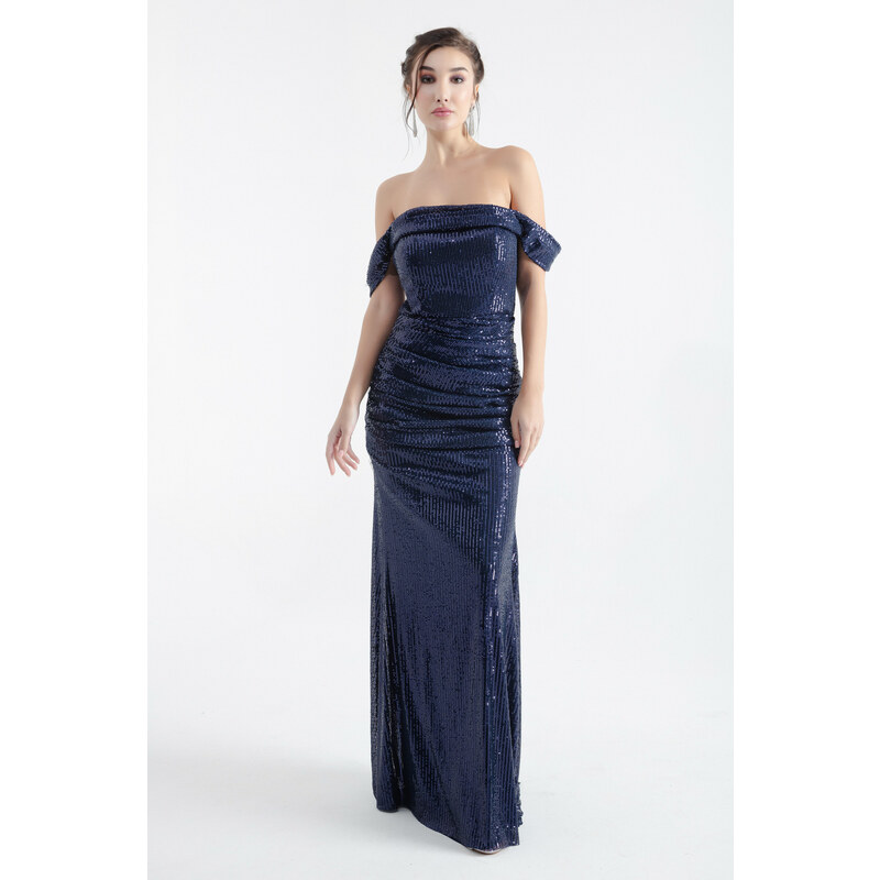 Lafaba Women's Navy Blue Boat Neck Sequined Long Evening Dress