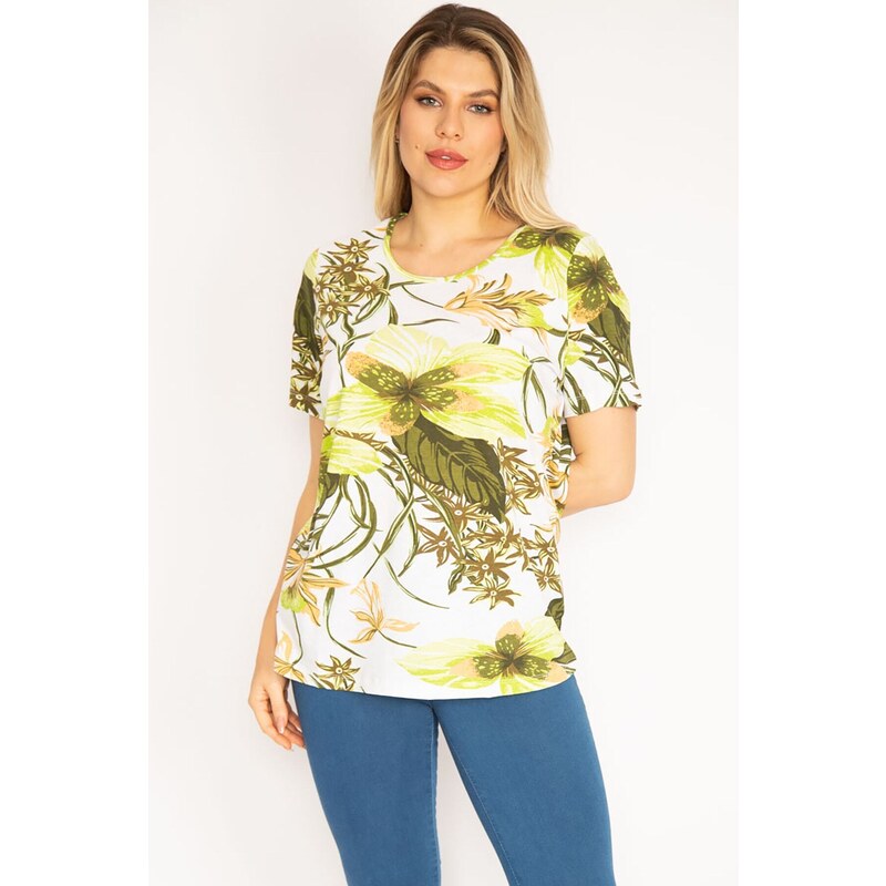 Şans Women's Plus Size Green Cotton Fabric Floral Pattern Blouse